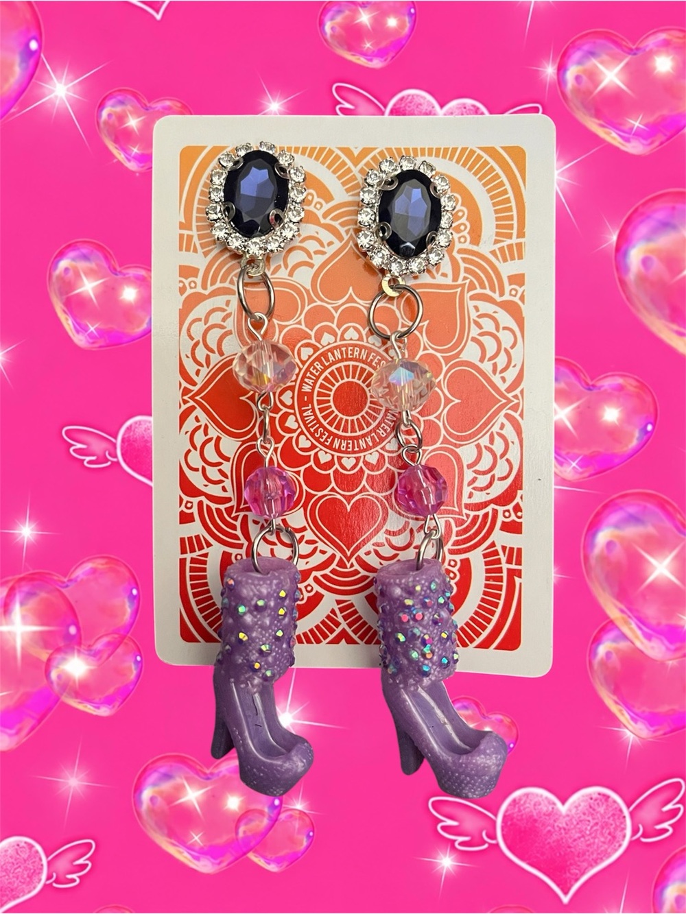 Purple Glitter Boot Dangle Earrings with Crystal Accents